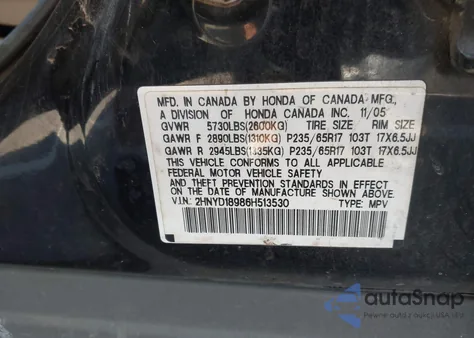 2006 Acura Mdx из США, поврежденный, VIN 2HNYD18986H513530